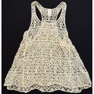 M USA crochet knit tank top Ivory white hollow out Cotton OSFA boho raceback